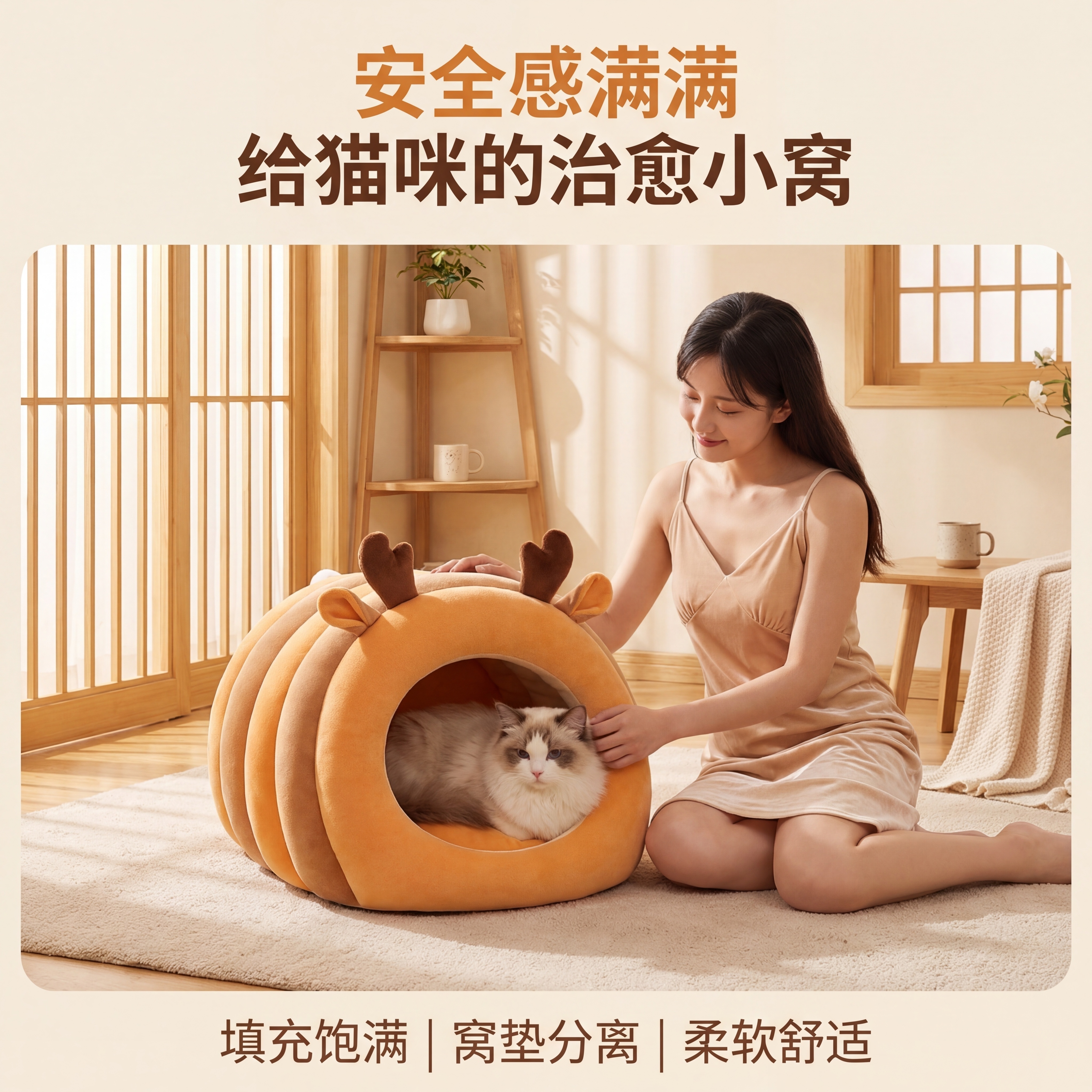 轻奢萌系温馨日式居家风格，暖色调柔和自然光，画面中心是小鹿造型… - 图片创意预览