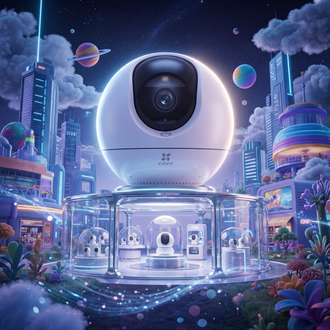 画面中心是巨型科幻圆形家居摄像头产品展示馆，摄像头为萤石C6C白色球形摄像头，保持摄像头外观和Logo原样，主体物理结构不变，带发光效果。周围有未来感城市建筑、彩色星球、云、商品店铺、奇特植物，背景是预览效果