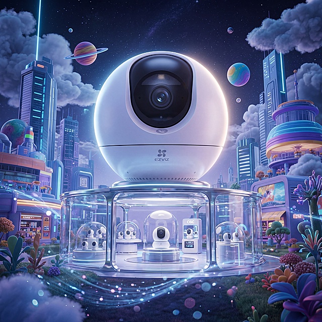 画面中心是巨型科幻圆形家居摄像头产品展示馆，摄像头为萤石C6C白色球形摄像头，保持摄像头外观和Logo原样，主体物理结构不变，带发光效果。周围有未来感城市建筑、彩色星球、云、商品店铺、奇特植物，背景是星空，低饱和蓝紫色调，C4D渲染，OC光追，玻璃拟态，经典侧逆光勾勒轮廓，柔光补光照亮暗部，前中后景层次分明，画面有流动的光斑增添生机