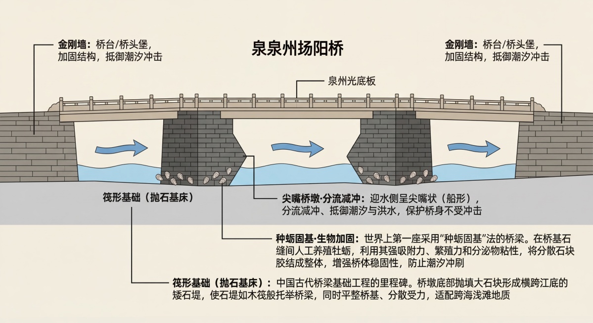 生成泉州洛阳桥横向剖面图，使用色块区分桥基、桥墩、桥面，用指引线标注核心结构名称和作用：剖面底部用浅灰色块标注，指引线引出“筏形基础（抛石基床）：中国古代桥梁基础工程的里程碑。桥墩底部抛填大石块形成横预览效果
