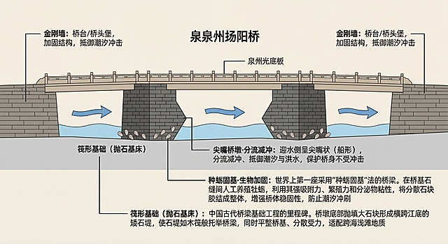 生成泉州洛阳桥横向剖面图，使用色块区分桥基、桥墩、桥面，用指引线标注核心结构名称和作用：剖面底部用浅灰色块标注，指引线引出“筏形基础（抛石基床）：中国古代桥梁基础工程的里程碑。桥墩底部抛填大石块形成横跨江底的矮石堤，使石堤如木筏般托举桥梁，同时平整桥基、分散受力，适配跨海浅滩地质”，在基础与桥墩结合处点缀牡蛎小图标，标注“种蛎固基·生物加固：世界上第一座采用“种蛎固基”法的桥梁。在桥基石缝间人工养殖牡蛎，利用其强吸附力、繁殖力和分泌物粘性，将分散石块胶结成整体，增强桥体稳固性，防止潮汐冲刷”，桥墩部分突出尖嘴造型，用箭头示意水流方向，标注“尖嘴桥墩·分流减冲：迎水侧呈尖嘴状（船形），分流减冲、抵御潮汐与洪水，保护桥身不受冲击”，在桥头两端标注“金刚墙：桥台/桥头堡，加固结构，抵御潮汐冲击”，整体清晰专业，科普风