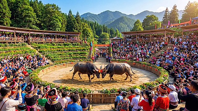 美化自然环境，生成乡村文化活动场景：在山间梯田环绕的圆形场地中，两只健壮的水牛正在友好互动，周围是层层叠叠的木质看台，坐满了穿着传统服饰的游客，他们热情观看，手持手机拍照。背景是郁郁葱葱的森林和远山，天空晴朗，阳光明媚，整个场景充满文化特色和欢乐氛围。增强场地细节、植被丰富度和色彩饱和度，使画面更加生动美观。