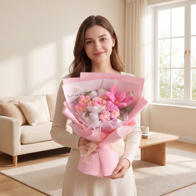 8K高清生活方式产品摄影，一位美国年轻女性双手捧着一束粉色针织花花束，站在温馨明亮的现代美式客厅中，面带自然温柔微笑，背景为米白色沙发、浅色地毯、木质茶几、落地窗与柔和自然光，整体家居环境干净高级，色预览效果