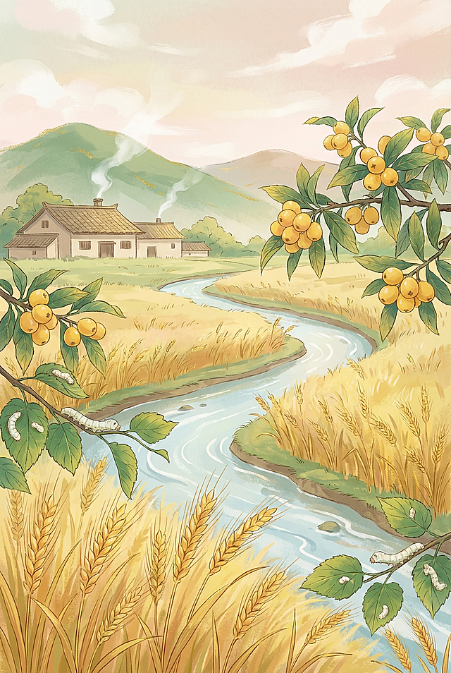 参考提供的两张新中式国风插画的清新柔和质感，创作新中式国潮小满主题插画，麦穗初黄，蚕食桑叶，枇杷满枝金黄，田间溪流潺潺，农舍炊烟袅袅，用没骨法点染麦芒的纤细与枇杷的饱满，色调以赭石、淡黄与石绿相间，体现丰收前奏的氛围
