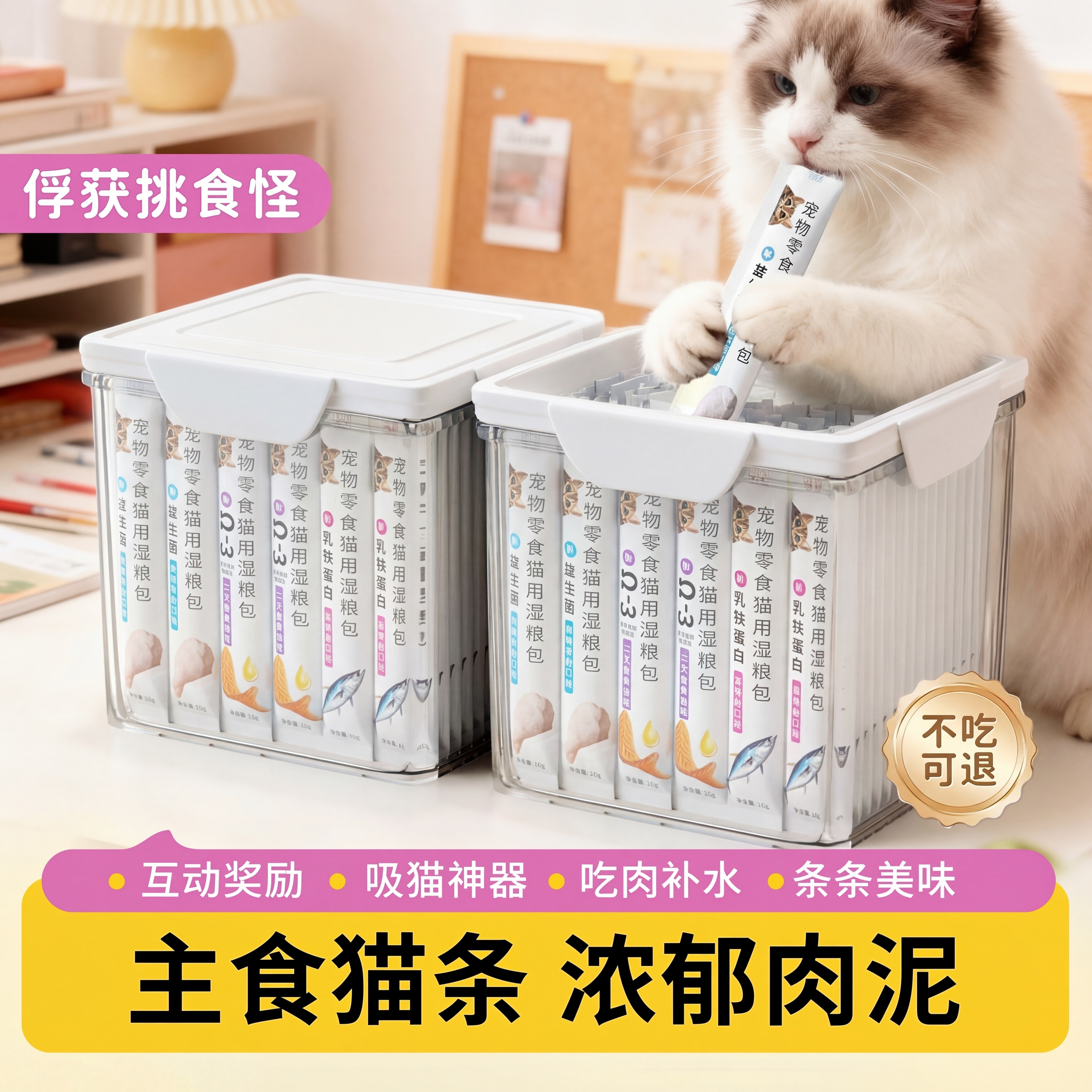 将原图场景中的猫条产品替换成白底图产品，保持产品形状和颜色一比… - 图片创意预览