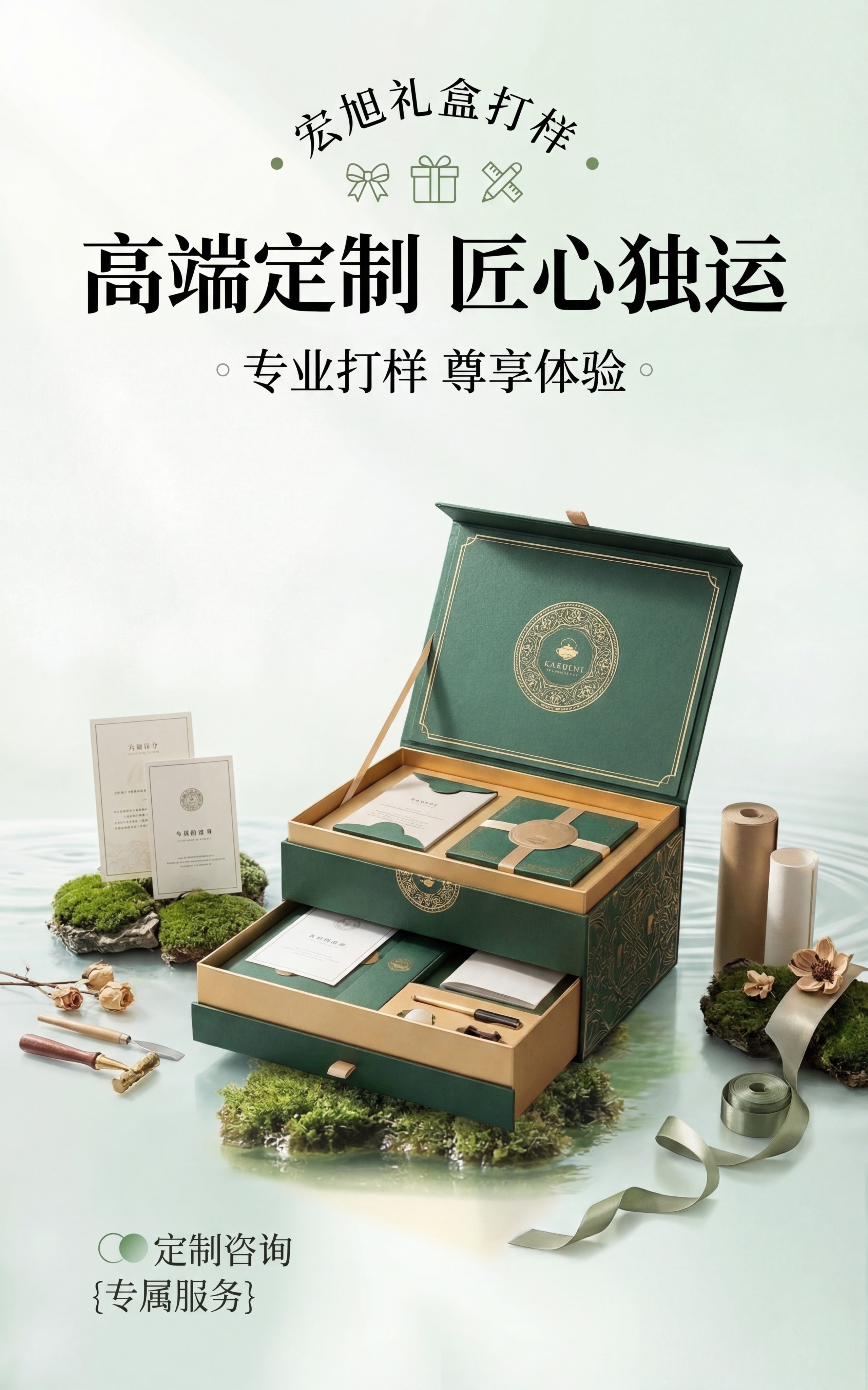 参考给定的茶品宣传海报样式，为"宏旭礼盒打样"公司设计一款简约… - 图片创意预览