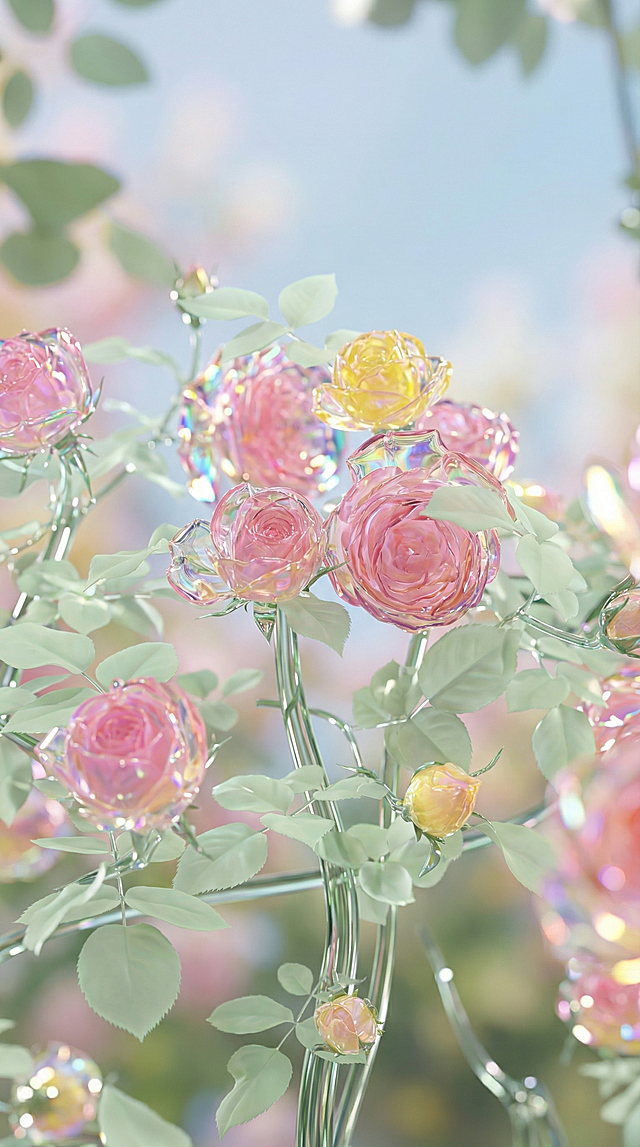 保持粉色月季花主体不变，调整尺寸为竖版9:16，将月季花修改为：抽象3D渲染春日特写，折射光影感，前景虚化，哑光淡绿色玻璃质感叶片，高反射半透明绿银水晶根茎，高反射半透明黄粉玻璃质感花朵，虹彩光泽折射效果，柔焦背景，梦幻氛围，色散效果，柔光强反射，未来超现实工业美学，浅景深，8K超写实，商业KV，场景感，高级摄影光感，大制作，C4D渲染风格