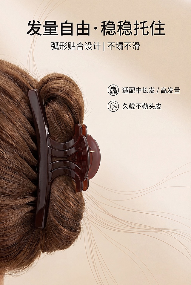 电商详情图卖点可视化页，杂志风排版。画面左侧展示大号巧克力棕弧形鲨鱼抓夹，严格还原参考图片的产品所有细节，尺寸比例1:1，长度约11cm，夹起足量假发束模拟发量多场景，直观展示高承重能力。右侧分栏排版，主标题「发量自由・稳稳托住」，副标题「弧形贴合设计 | 不塌不滑」，搭配图标化卖点：「适配中长发 / 高发量」「久戴不勒头皮」，文字统一无衬线字体。背景为浅咖色渐变，点缀发丝线条元素，强化产品功能感知。禁止出现产品变形、假发杂乱、文字重叠、颜色失真、背景花哨、低清晰度、无关元素。