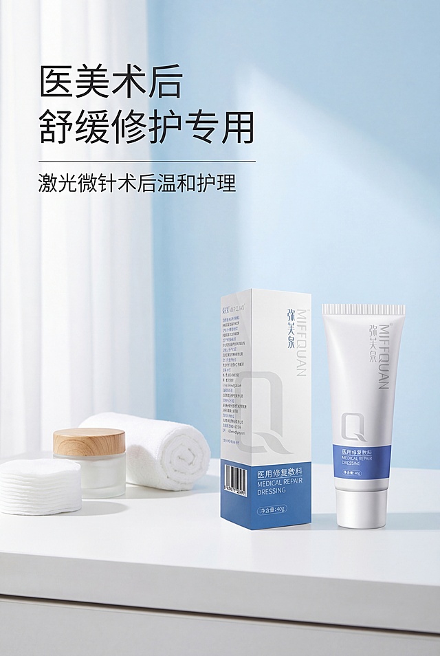 严格还原上传弥芙泉产品参考图，精准复刻包装设计、产品配色、LOGO位置及比例、文字内容及字体、图案元素及细节，无任何偏差，色彩无失真。产品与画面中其他物体的比例遵循真实物理空间逻辑，视觉协调，比例还原1:1，杜绝比例失衡、视觉突兀。画面比例为 2:3 竖版，医用极简风。主标题“医美术后 舒缓修护专用”位于画面上五分之一左对齐，副标题“激光微针术后温和护理”在主标题下方。左侧为干净简约护理桌面场景，右侧放置产品软管。左右排版，留白占比百分之三十。色调为纯白色加浅蓝色，柔和卧室自然光，氛围干净安心。简约无衬线字体。负面提示词：场景脏乱，背景复杂，多余杂物，人物夸张，比例失调，产品变形，色彩杂乱，强光刺眼，阴影过重，画面模糊，噪点多，画质粗糙，风格花哨，文字错位，排版拥挤，色差严重，违和感强，装饰多余