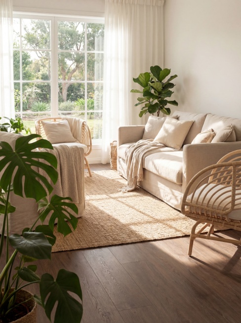 使用用户上传的深棕色木纹地板，生成北欧风格客厅场景展示图，自然通透松弛感，浅木色调，搭配藤编亚麻材质，极强自然光，阳光光斑，窗景引入，商业高调摄影，柔和漫射光，前中后景层次，三分法视觉重心，加入绿植生预览效果