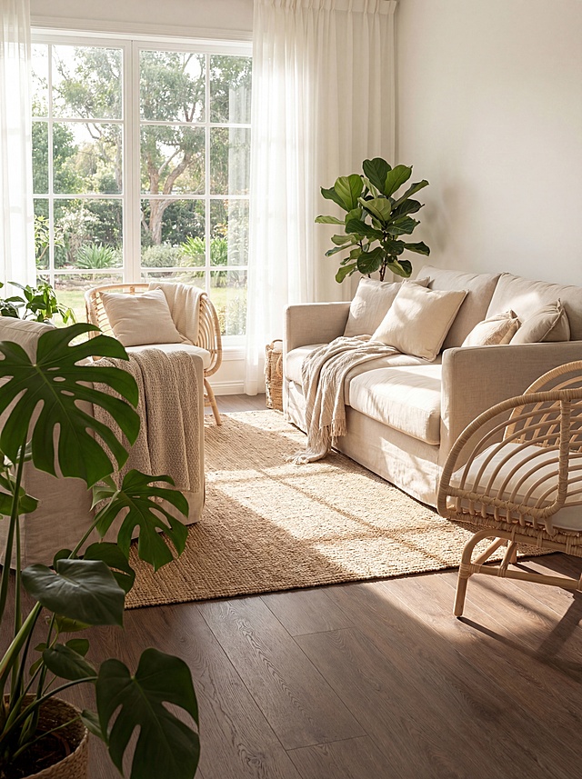 使用用户上传的深棕色木纹地板，生成北欧风格客厅场景展示图，自然通透松弛感，浅木色调，搭配藤编亚麻材质，极强自然光，阳光光斑，窗景引入，商业高调摄影，柔和漫射光，前中后景层次，三分法视觉重心，加入绿植生机元素，保持地板木纹纹理清晰自然，不扭曲变形。负向提示词：腿部悬空、比例失调、多余的部件、悬浮的物体、摄影灯、柔光箱、三脚架、水印、文字、昏暗光线、死黑阴影、畸变透视