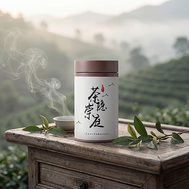 东方禅意风茶叶商品主图，主体是用户上传的白色茶罐，罐身的“茶隐崇庭”书法文字保持原样不变，罐体结构完整无变形。背景是云雾缭绕的高山茶田，山间有葱郁的茶树，清晨柔和的漫射光透过薄雾洒下，光影通透柔和，低对比度，整体色调为茶绿、米白、浅灰的莫兰迪色系。茶罐放置在老旧的实木茶盘上，旁边点缀几株新鲜的茶叶枝，还有袅袅升腾的白色热气，画面有前中后景层次，采用三分法构图，主体位于视觉重心，背景做适度虚化突出产品，整体氛围静谧雅致，符合国内电商种草感。