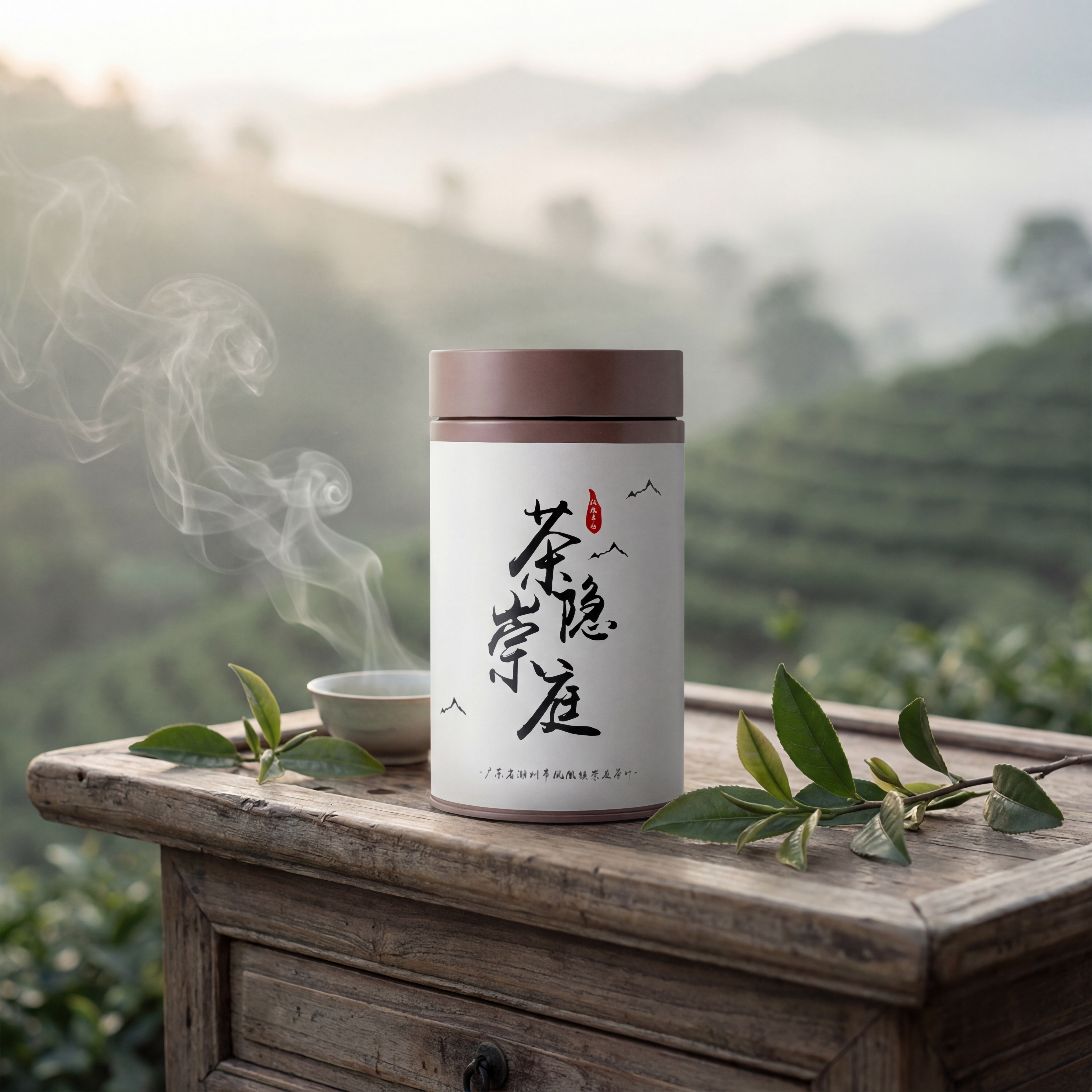 东方禅意风茶叶商品主图，主体是用户上传的白色茶罐，罐身的“茶隐… - 图片创意预览