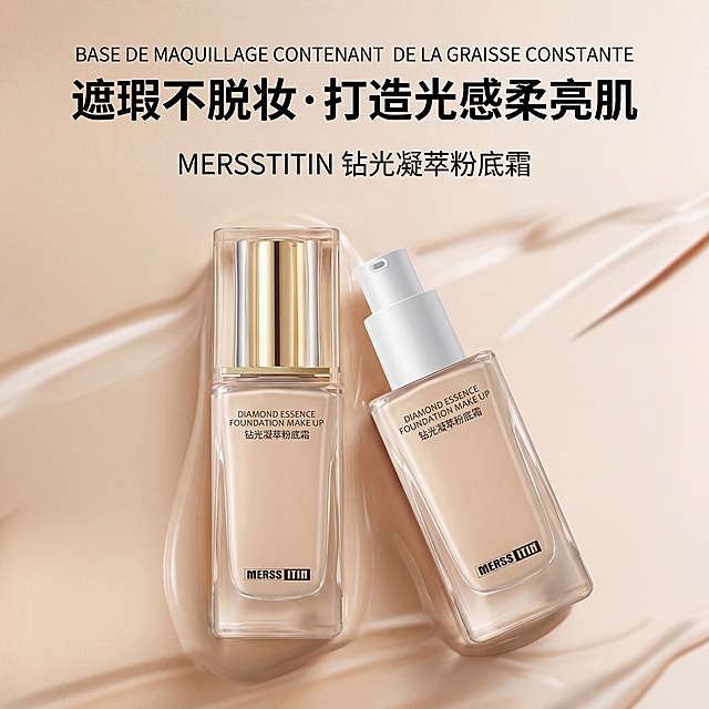 参考图一的整体构图、浅米色流动粉底背景和文字排版布局，使用图二的两款MERSSTITIN钻光凝萃粉底霜产品，保持产品本身的质感、清晰度和主体外观不变，一瓶直立放置，一瓶瓶盖斜放在旁边，自然融合背景，符合电商主图标准