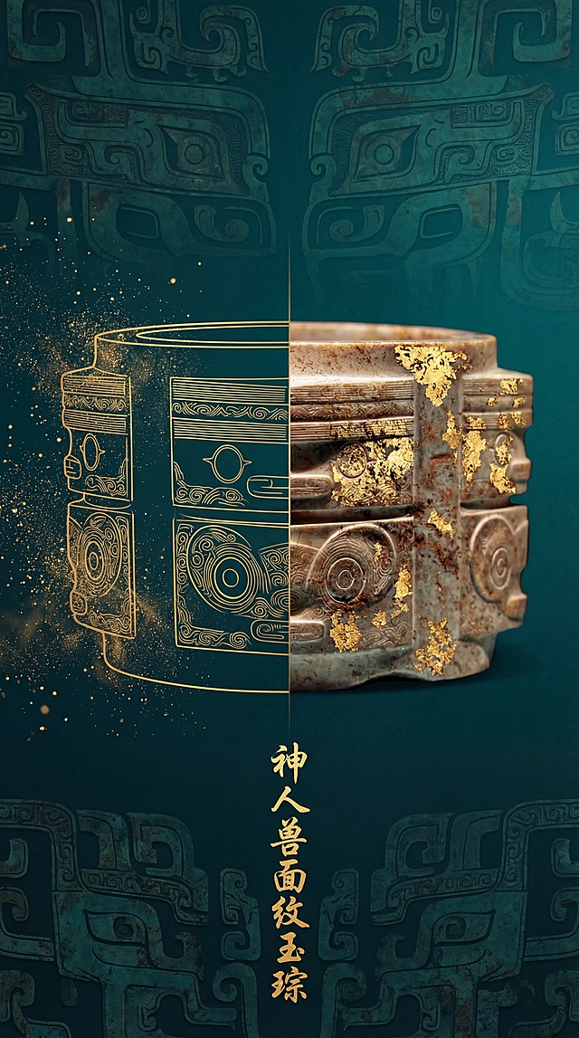 竖版文物海报，左右分屏：左半是良渚神人兽面纹玉琮的金色线稿，右半是真实文物照片，文物呈现金箔斑驳、青铜带锈迹质感，背景为深青绿色并带有古青铜暗纹，左侧边缘有金色粉尘消散效果，底部竖排金色书法字体写着“神人兽面纹玉琮”，整体风格典雅厚重，突出文物的历史感。