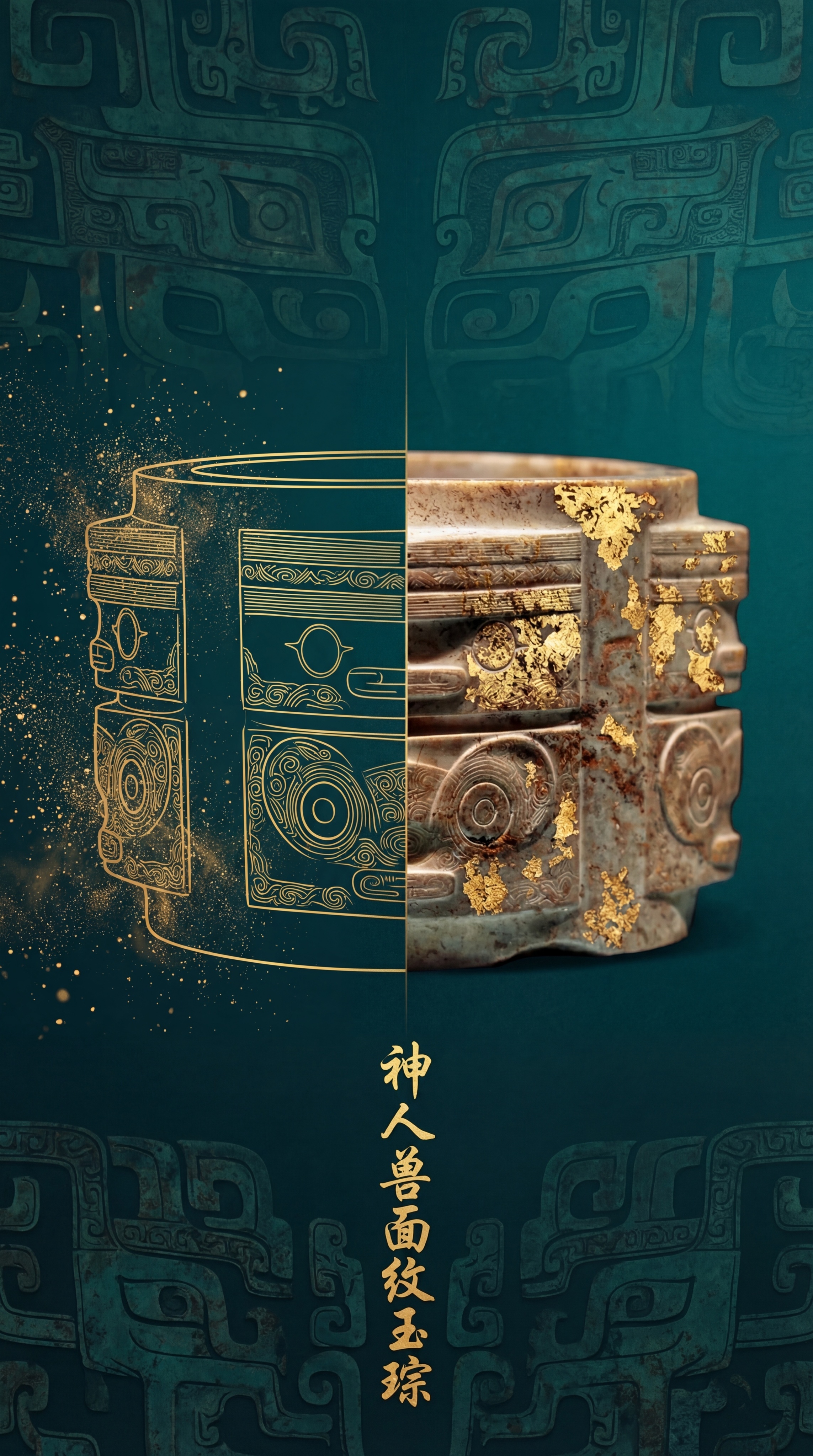 竖版文物海报，左右分屏：左半是良渚神人兽面纹玉琮的金色线稿，右… - 图片创意预览
