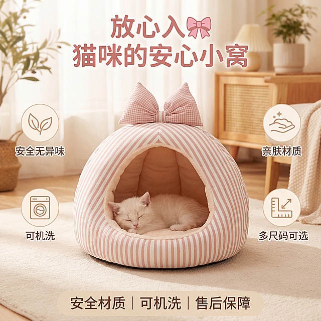 1:1，轻奢萌系温馨居家风格，暖色调柔和自然光，居中构图。严格还原参考图形态，粉白条纹猫窝置于画面中心，窝内有一只奶白色小猫安稳睡着，猫窝顶部有粉色格纹蝴蝶结。周围环绕展示核心信任信息：“安全无异味”“亲肤材质”“可机洗”“多尺码可选” 简约图标和文字，背景是浅米色温馨家居，光线柔和不刺眼，画面高清细腻，传递可靠安心的感觉。顶部居中主标题，暖粉色无衬线字体，内容是“放心入🎀 猫咪的安心小窝”，底部居中副标题，米白色无衬线字体，内容是“安全材质 | 可机洗 | 售后保障”。禁止产品变形、禁止条纹模糊、禁止蝴蝶结变形丢失、禁止内里填充塌陷、禁止信息文字杂乱遮挡产品、禁止出现其他品牌LOGO、禁止画面模糊低分辨率、禁止冷色调、禁止猫窝比例失调、禁止虚假信息展示。