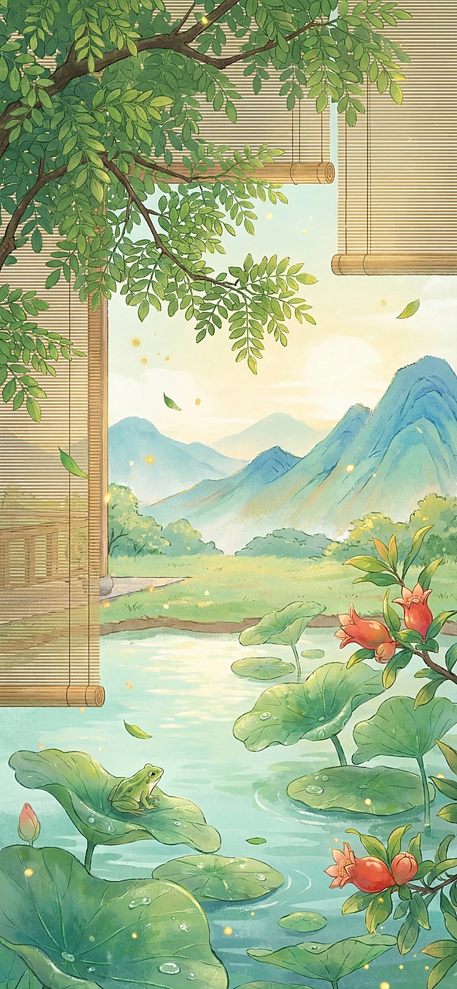 参考提供的两张新中式国风插画的清新柔和质感，创作新中式国潮立夏主题插画，槐荫初密，池塘荷叶始展，青蛙蹲坐其上，石榴花含苞，庭院一角有竹帘半卷，用没骨法渲染荷叶的湿润与花瓣的朱红，青绿山水平远，夏意初萌