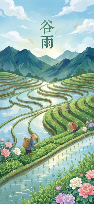 参考提供的两张新中式国风插画的清新柔和质感，创作新中式国潮谷雨主题插画，雨生百谷，梯田层层注满水，映照天光，采茶人背着竹篓在茶园中劳作，远山如黛，牡丹初放，用没骨法表现水田的镜面质感与茶叶的嫩绿，画面预览效果