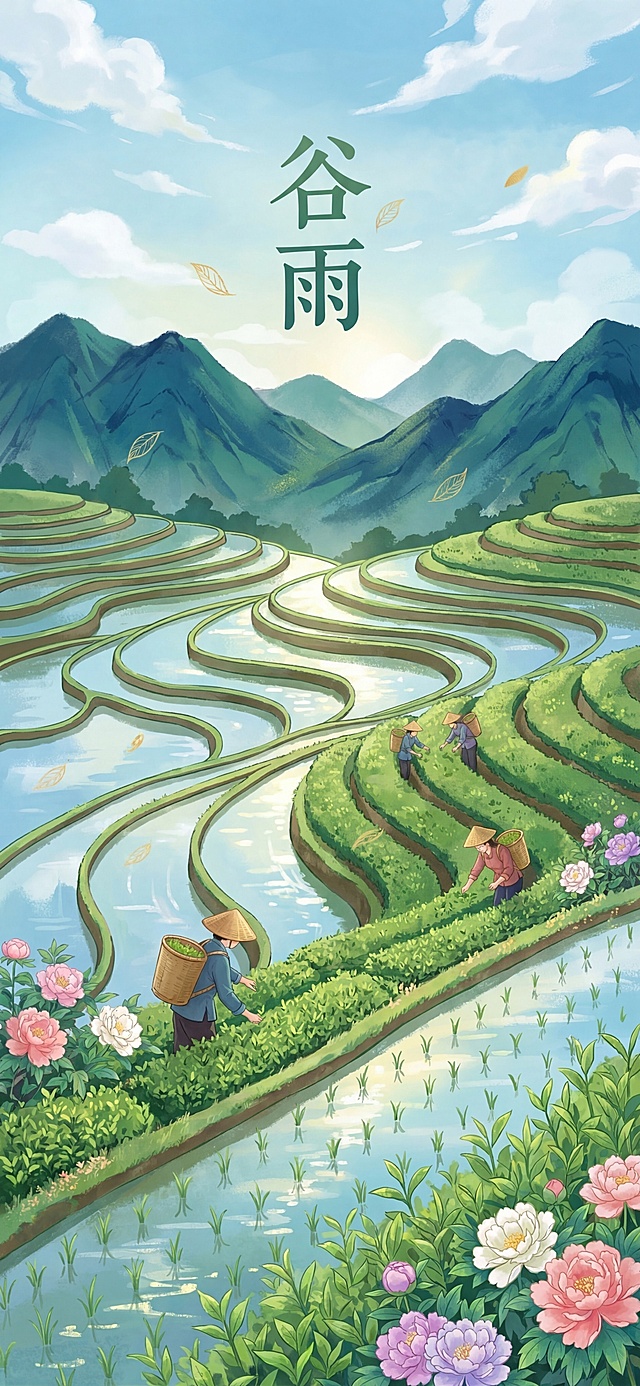 参考提供的两张新中式国风插画的清新柔和质感，创作新中式国潮谷雨主题插画，雨生百谷，梯田层层注满水，映照天光，采茶人背着竹篓在茶园中劳作，远山如黛，牡丹初放，用没骨法表现水田的镜面质感与茶叶的嫩绿，画面以石绿为主调，清新明快