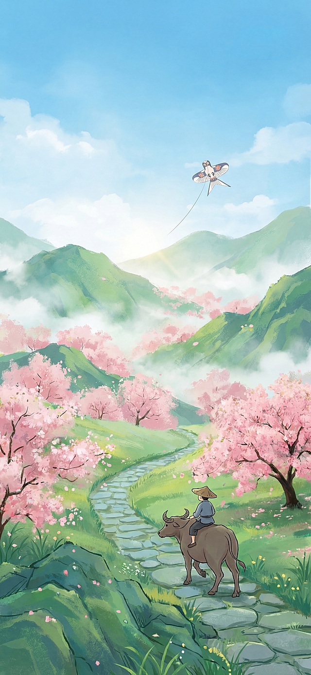 参考提供的两张新中式国风插画的清新柔和质感，创作新中式国潮插画，雨霁天青，牧童骑牛行于山径，远处纸鸢飘摇，杏花林间点缀粉色，山间云雾缭绕，用没骨法晕染出杏花的朦胧感，以青绿山水为基底，人物与动物以简笔勾勒