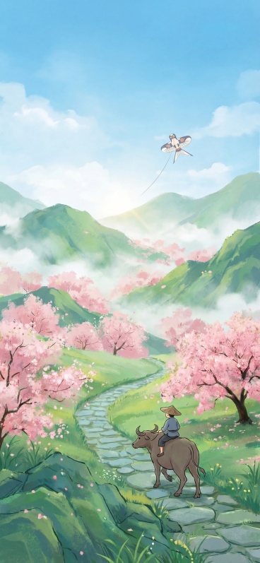 参考提供的两张新中式国风插画的清新柔和质感，创作新中式国潮插画，雨霁天青，牧童骑牛行于山径，远处纸鸢飘摇，杏花林间点缀粉色，山间云雾缭绕，用没骨法晕染出杏花的朦胧感，以青绿山水为基底，人物与动物以简笔预览效果
