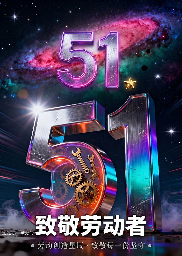 基于原图，在画面上方星空留白区添加文字排版：竖向居中排列，5在上、1在下，字体为立体金属质感，星光银色带洋红到电光紫霓虹渐变，边缘微弱发光，51右侧加一颗极小金色发光五角星；下方添加加粗白色黑体字致敬劳动者；画面底部居中添加浅灰色70%透明度宋体小字“劳动创造星辰 · 致敬每一份坚守”，文字两侧各加一个小圆点装饰；左下角添加50%透明度极细半透明白色字2026 五一劳动节，整体保持原图科幻星空工业金属风格，信息层级清晰