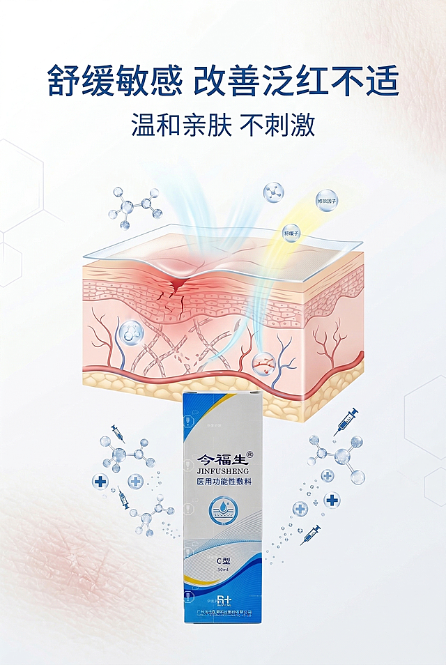 严格还原上传的今福生医用功能性敷料产品参考图，精准复刻包装设计、产品配色、LOGO位置及比例、文字内容及字体、图案元素及细节，无任何偏差，色彩无失真；产品与画面中其他物体的比例遵循真实物理空间逻辑，视觉协调，比例还原1:1，杜绝比例失衡、视觉突兀；主标题：“舒缓敏感 改善泛红不适”；副标题：“温和亲肤 不刺激”；主标题上1/5居中；画面为肌肤舒缓结构示意图，产品置于底部中央；上下排版，留白30%；柔和自然光，不夸张；极简医疗科技风，简约无衬线字体。负面提示词：画面恐怖，色彩失真，对比刺眼，产品变形，比例失调，画面模糊，杂乱背景，多余装饰，字体丑陋，排版混乱，土气设计，画质粗糙，强光过重，噪点明显