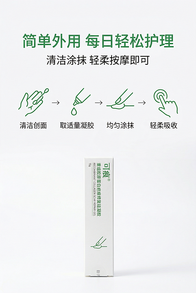 严格还原上传的可痕重组胶原蛋白疤痕修复硅凝胶产品参考图，精准复刻包装设计、产品配色、LOGO位置及比例、文字内容及字体、图案元素及细节，无任何偏差，色彩无失真；产品与画面中其他物体的比例遵循真实物理空间逻辑，视觉协调，比例还原1:1，杜绝比例失衡、视觉突兀；主标题：“简单外用 每日轻松护理”；副标题：“清洁涂抹 轻柔按摩即可”；主标题上1/5居中；画面用简约线性图标展示使用步骤：清洁创面→取适量凝胶→均匀涂抹→轻柔吸收；产品置于底部；上下排版，留白30%；绿色+白色调，柔光，简约无衬线字体。负面提示词：步骤混乱，图标杂乱，文字过多，排版拥挤，颜色花哨，产品变形，比例失调，画面模糊，强光刺眼，重阴影，土气设计，风格不统一，文字错位