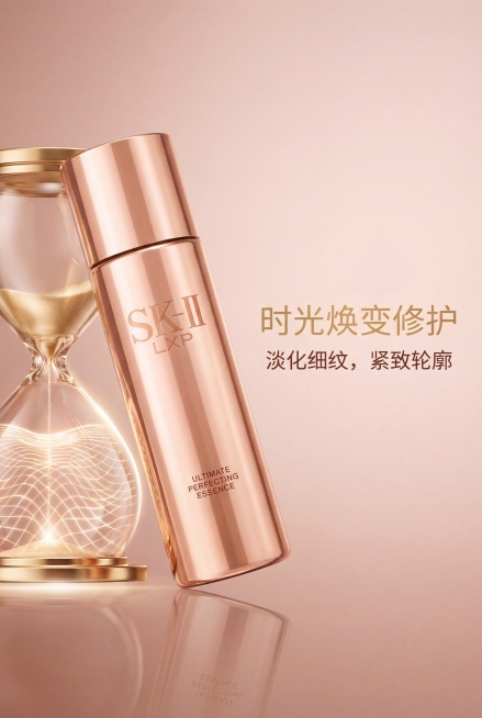 SK-II LXP精华露抗老修护卖点详情页，严格还原参考产品图包装细节，产品外观与参考图完全一致，保持金属高光质感。画面为产品斜放45°角，搭配「抗老修护」视觉符号（金色时光沙漏+肌肤纹理），主标题「预览效果