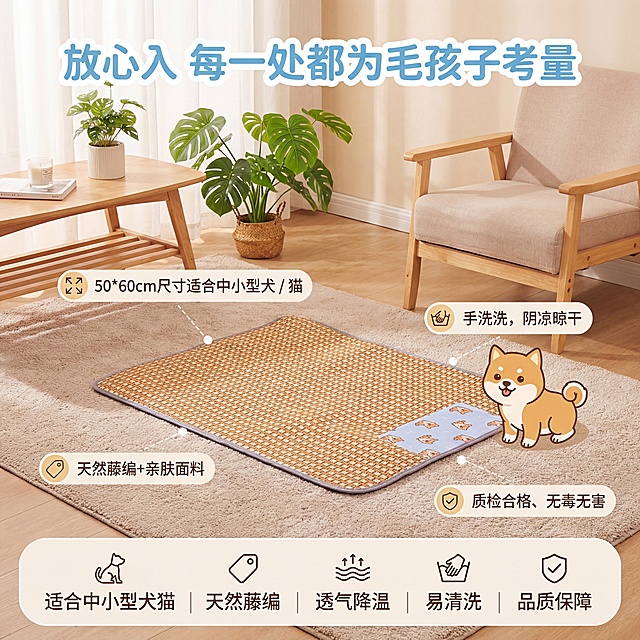 将藤编凉席垫置于画面中央，放在温馨客厅场景中，浅木色家具搭配绿植，轻奢萌系温馨居家风格，高清商业摄影，暖调柔光，画面干净整洁。添加标注：1. 尺寸示意图标注"50*60cm尺寸适合中小型犬 / 猫"；2. 材质标签标注"天然藤编 + 亲肤面料"；3. 清洗方式图标标注"手洗，阴凉晾干"；4. 品质保障标识标注"质检合格、无毒无害"。添加萌趣卡通小狗点缀。画面上方居中放置主标题「放心入 每一处都为毛孩子考量」，使用浅天蓝色粗体圆润字体；画面下方分栏展示信息栏文案「适合中小型犬猫 | 天然藤编 | 透气降温 | 易清洗 | 品质保障」，使用暖米白色细体优雅字体。整体传递安心可靠感，风格统一。避免信息杂乱，避免文字过多遮挡产品，避免模糊，避免背景杂乱，避免廉价感，避免水印，避免品牌LOGO露出，避免色调不统一，避免虚假信息，避免图标模糊不清。