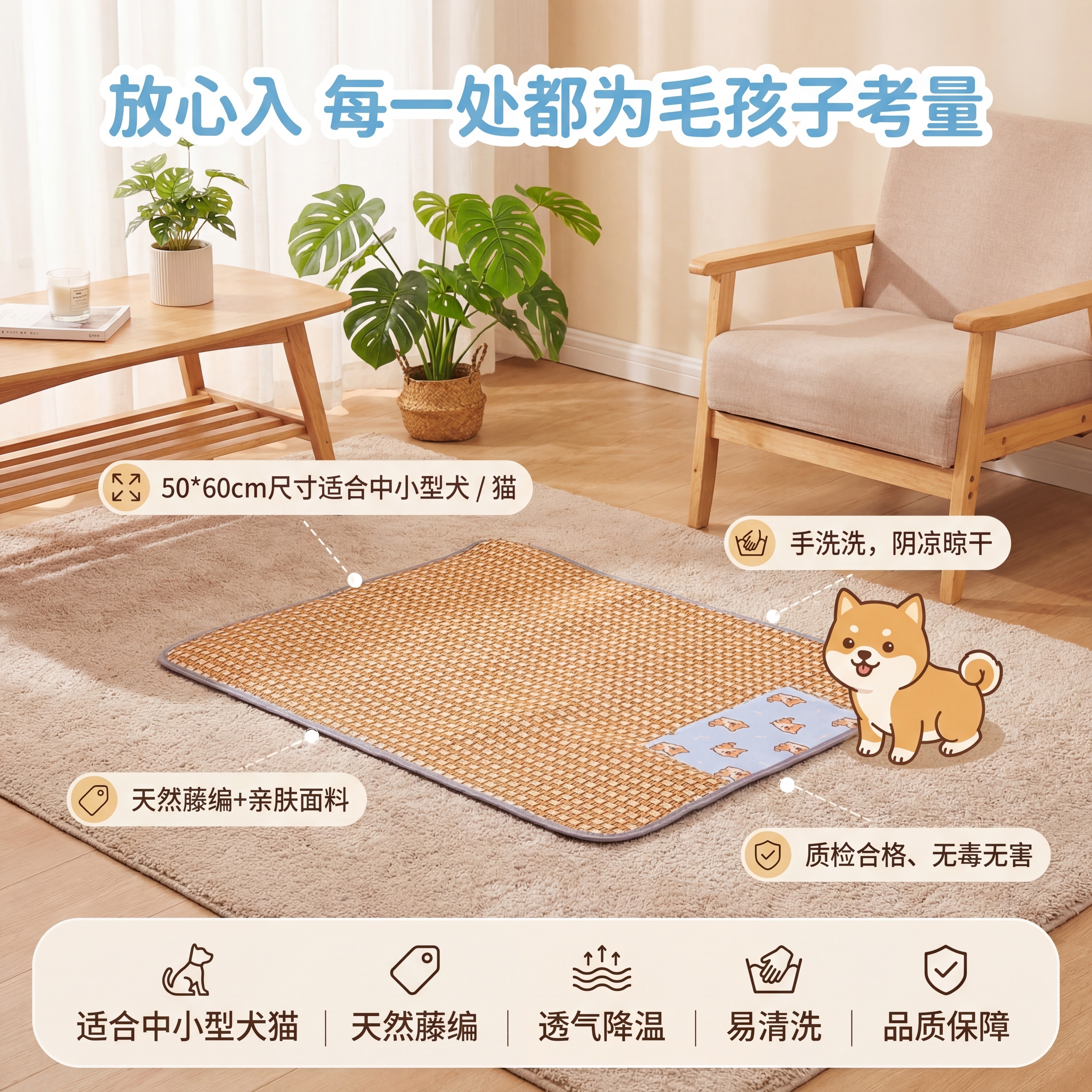 将藤编凉席垫置于画面中央，放在温馨客厅场景中，浅木色家具搭配绿… - 图片创意预览