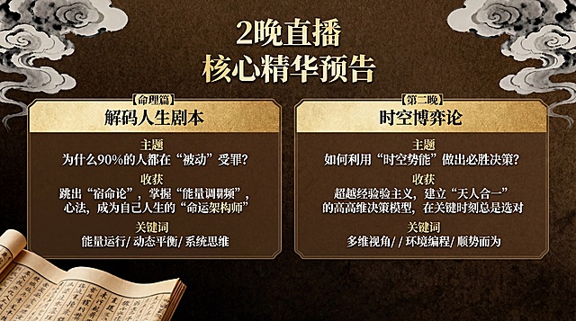 基于提供的直播内容预告海报原图，保持深棕配金色的典雅古风风格、所有文字内容和水墨云纹、古籍等元素不变，将图片比例调整为16:9，适配横版展示，整体视觉风格与原图完全统一，排版适配横版比例更舒展协调
