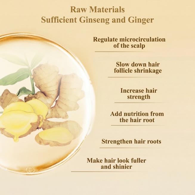 保留原图片整体布局和风格：浅米黄色背景，左侧圆形边框区域展示生姜插图。将所有文字替换为英文翻译，保持排版不变：
标题：Raw Materials
Sufficient Ginseng and Ging预览效果