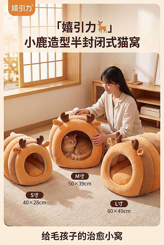轻奢萌系温馨日式居家风格，暖色调柔和自然光，画面中心是嬉引力品牌小鹿造型半封闭式猫窝，保持渐变橙棕条纹外观、立体棕色鹿角加浅棕耳朵装饰、内里橙色蓬松填充，产品尺寸比例保持 1:1，包含 S 码 40×28cm、M 码 50×39cm、L 码 60×49cm 信息，窝内有一只橘色短毛猫惬意蜷缩，旁侧是一位气质温柔的 90 后日系美女，穿着浅米色棉麻家居服，正低头抚摸猫咪，背景是浅米色日式客厅，铺同色系毛绒地毯，木质格子窗洒入暖光，营造治愈温暖氛围。顶部居中主标题：「嬉引力🦌 小鹿造型半封闭式猫窝」，底部居中副标题：「给毛孩子的治愈小窝」，品牌 LOGO「嬉引力」置于左上角，整体构图居中对称，视觉焦点集中在人宠互动与产品上，画面高清细腻，毛绒质感高级通透