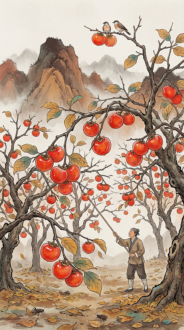 参考提供的两张新中式国风插画的清新柔和质感，创作竖版9:16的新中式国潮霜降主题插画，草木黄落，柿林经霜，重点突出朱红的柿子累累压枝，像灯笼像火焰一样明艳，叶片凋零更衬得柿子鲜亮，农人持竿轻轻采摘柿子，枝头还留三两颗柿子留给鸟雀，远山转为赭石淡墨色调，蛰虫归土，环境万籁俱寂，用没骨法渲染柿子的水润光泽与霜叶的脉络，整体以朱砂、赭石为主色调，点缀少量残存的石青色