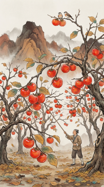 参考提供的两张新中式国风插画的清新柔和质感，创作竖版9:16的新中式国潮霜降主题插画，草木黄落，柿林经霜，重点突出朱红的柿子累累压枝，像灯笼像火焰一样明艳，叶片凋零更衬得柿子鲜亮，农人持竿轻轻采摘柿子预览效果