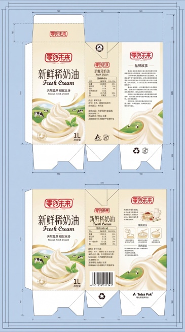 1L利乐包装的稀奶油平面展开图，设计风格清新简约，融合上传的‘零创未来’红色LOGO，整体突出稀奶油天然、醇厚、细腻的特质，传递新鲜、健康、高品质的产品属性，视觉辨识度高，适配食品包装印刷规范。预览效果