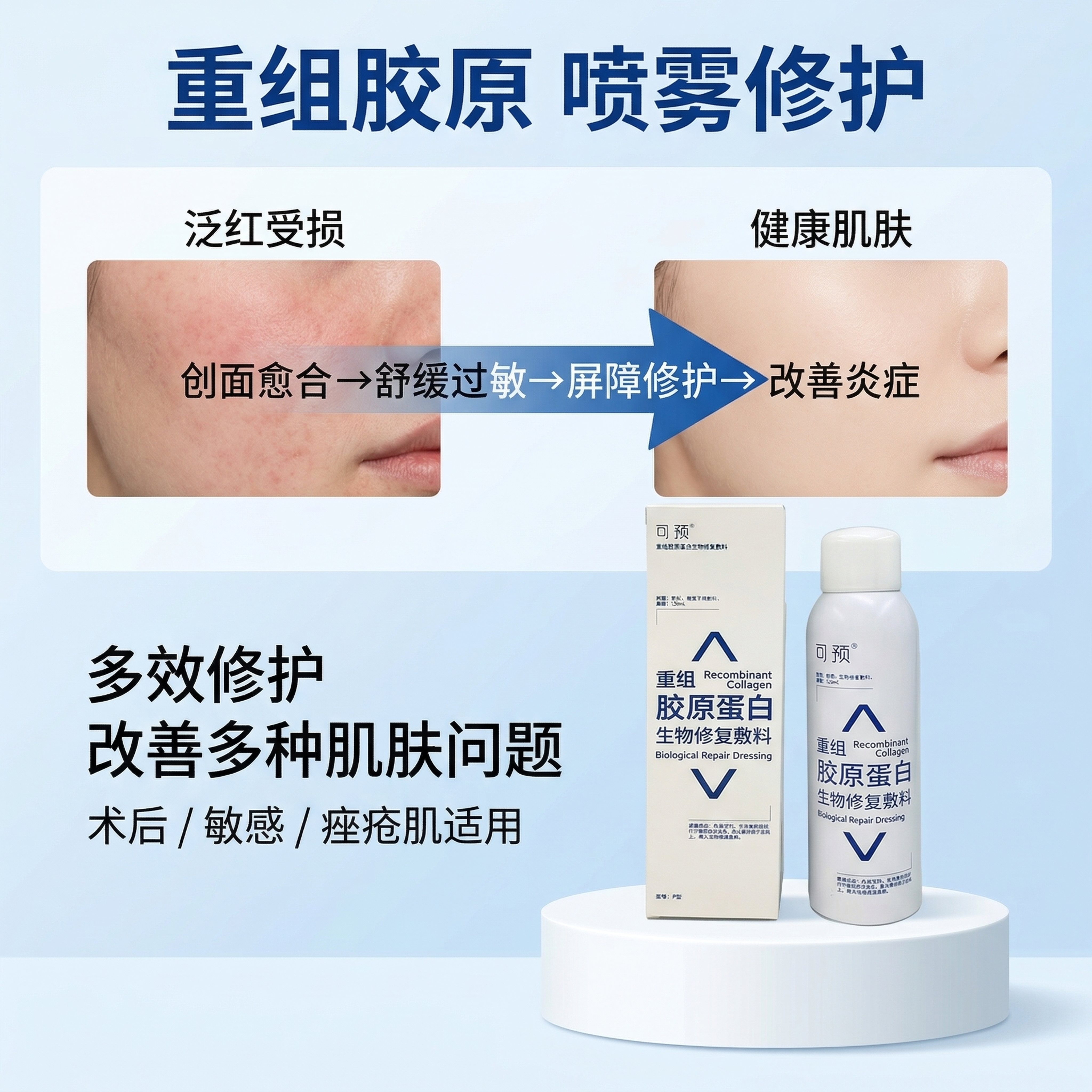 严格还原参考的可预重组胶原蛋白生物修复敷料P型喷雾产品图，完全… - 图片创意预览