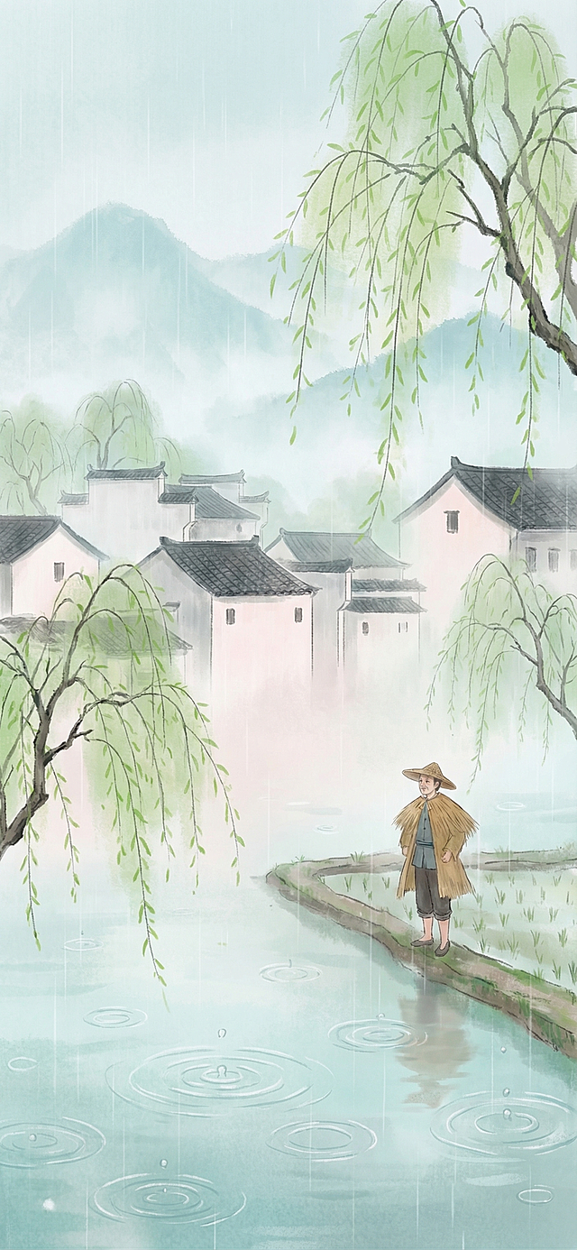 参考提供的两张新中式国风插画的清新柔和质感，创作新中式国潮插画，细雨迷蒙，江南水乡白墙黛瓦隐于烟雨中，几株柳树垂丝，嫩绿柳芽初展，水面涟漪圈圈，一位农人披蓑衣立于田埂，远处山峦被雨雾晕染成淡青色，用没骨法表现雨丝与雾气，整体色调湿润柔和