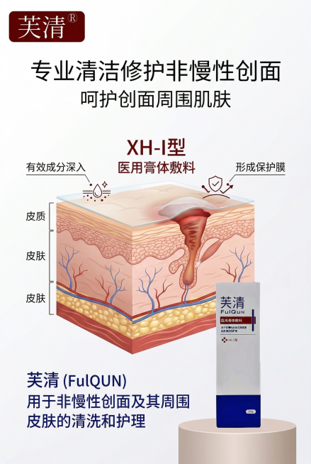 严格还原上传的芙清医用膏体敷料参考图，精准复刻包装设计、产品配色、LOGO位置及比例、文字内容及字体、图案元素及细节，无任何偏差，色彩无失真；产品与画面中其他物体比例遵循真实物理空间逻辑，视觉协调，比预览效果