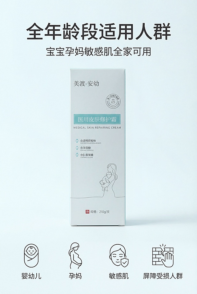 严格还原上传美渡-安幼医用皮肤修护霜参考图，精准复刻包装设计、产品配色、LOGO位置及比例、文字内容及字体、图案元素及细节，无任何偏差，色彩无失真；产品与画面中其他物体比例遵循真实物理空间逻辑，视觉协调，比例还原1:1；画面比例为2:3竖版，母婴医用极简风；主标题为"全年龄段适用人群"，上方居中，副标题为"宝宝孕妈敏感肌全家可用"；画面四个简约人物图标均匀分布，对应：婴幼儿、孕妈、敏感肌、屏障受损人群，文字左对齐；70%留白，浅白浅青色调，柔和光影，采用简约无衬线字体。避免模糊、人物丑陋、五官扭曲、畸形、色彩杂乱、背景花哨、产品变形、比例失调、文字重叠、排版混乱、无留白、字体花哨、阴影过重、反光强、噪点、偏色暗沉、多余装饰、元素错位、歪斜。