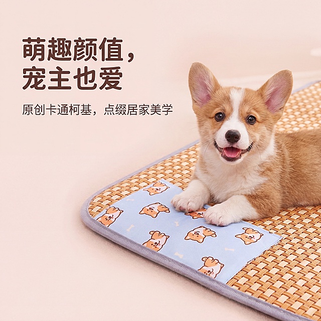 严格还原上传的产品图，包括包装设计、颜色、LOGO位置、文字内容、图案元素等所有细节，嬉引力宠物凉席萌系卡通面特写，浅蓝底加上可爱柯基卡通图案，搭配一只微笑的柯基幼犬趴在图案上，背景为淡粉色渐变营造萌系氛围，主标题「萌趣颜值，宠主也爱」，副标题「原创卡通柯基，点缀居家美学」，主标题在画面左侧，副标题在主标题下方，卡通图案与宠物占据右侧画面，文字用圆润无衬线字体，整体风格软萌治愈，高清质感，突出颜值卖点，光影柔和温暖，禁止修改卡通图案造型与颜色，禁止出现丑陋、变形的卡通形象，禁止文字遮挡卡通图案，禁止风格偏离萌系温馨，禁止出现无关的宠物品种