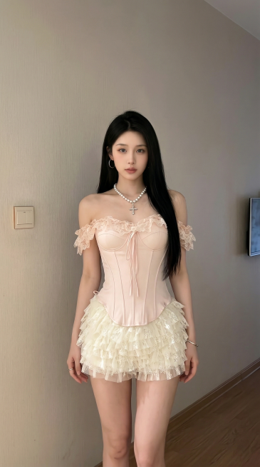 将图一人物的淡粉色蕾丝一字肩鱼骨上衣和米白色蕾丝蓬蓬短裙穿搭换到图二人物身上，不要拿包包，穿搭样式和图一完全一致，背景替换为图三的室内墙面场景。预览效果