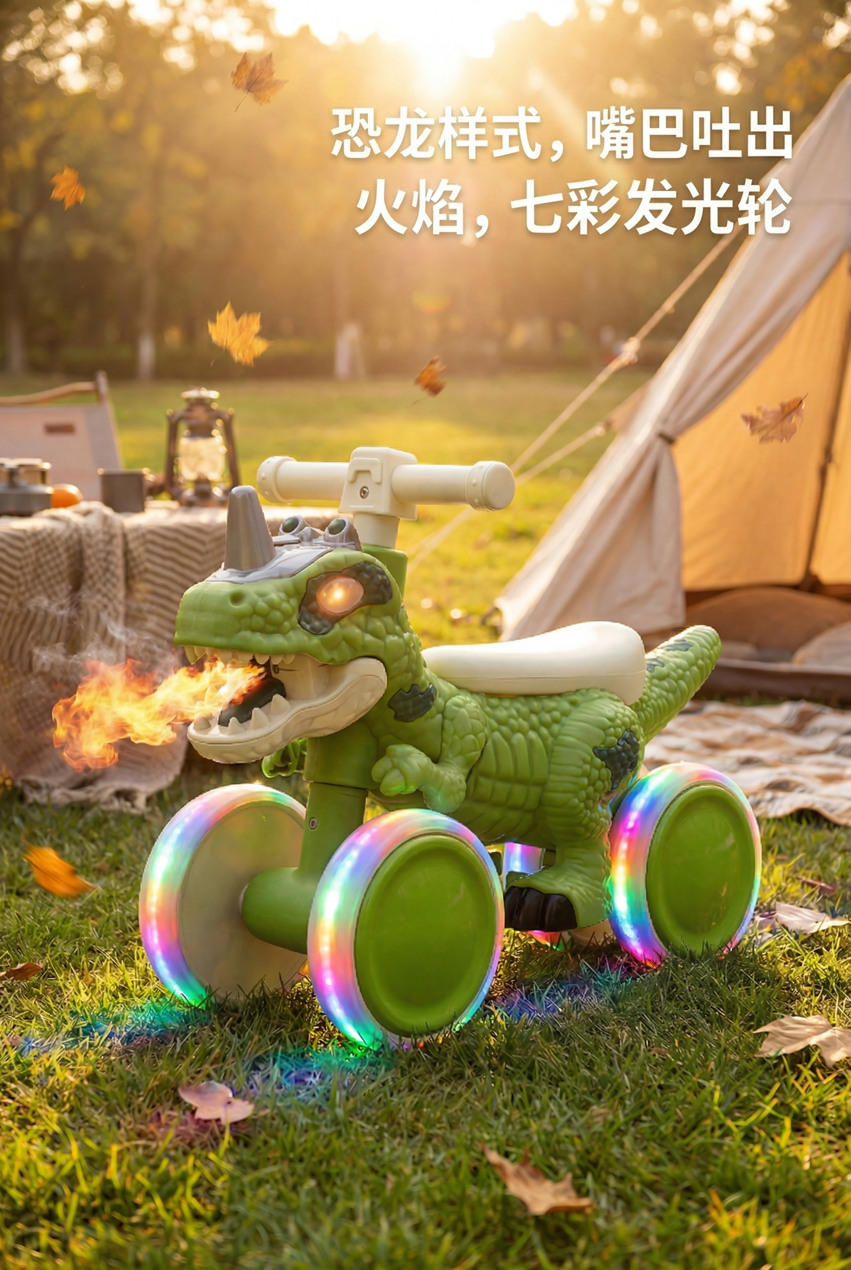 修改这张恐龙四轮童车图片：仅保留轮子侧面整面发光效果，去掉轮子… - 图片创意预览