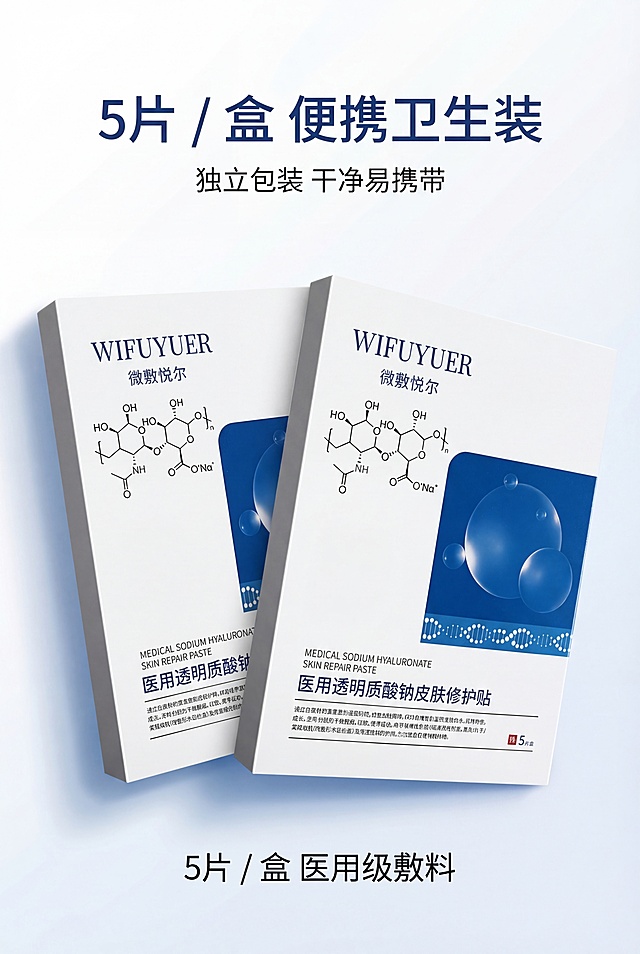 严格还原上传产品参考图，精准复刻包装设计、产品配色、LOGO位置及比例、文字内容及字体、图案元素及细节，无任何偏差，色彩无失真。产品与画面中其他物体（道具、手持模型、场景元素等）的比例遵循真实物理空间逻辑，视觉协调，比例还原1:1，杜绝比例失衡、视觉突兀。画面比例为 2:3 竖版，高端极简风。主标题“5 片 / 盒 便携卫生装”位于画面上五分之一居中，副标题“独立包装 干净易携带”在主标题下方8px居中。产品正面加侧面45度双图居中排列，下方标注文字“5 片 / 盒 医用级敷料”。居中对称排版，留白占比百分之三十。白加蓝主色调，柔和顶光，质感干净。真实还原哑光纸盒质感，无衬线字体。负面提示词：产品变形，包装错误，LOGO错位，色差，模糊，锯齿，阴影过重，背景杂乱，多余道具，比例失调，文字模糊，排版拥挤，无留白，画质粗糙，花哨颜色，风格不统一，材质失真，歪斜，印刷模糊