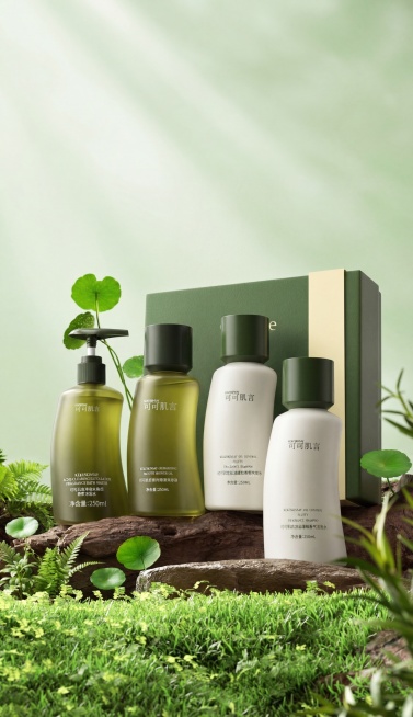 商业产品摄影，高端洗护四件套，包含沐浴水、洗发水、护肤乳、沐浴油，瓶身外观参考上传的四张产品图，置于天然深褐色岩石底座上，周围环绕鲜绿茂盛的草皮与积雪草绿植。背景是梦幻的浅绿色渐变天空，带有柔和的丁达预览效果