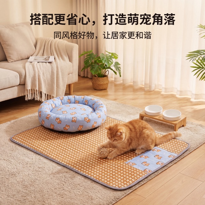 严格还原上传的嬉引力宠物凉席产品图，包括包装设计、颜色、LOGO位置、文字内容、图案元素等所有细节。嬉引力宠物凉席搭配推荐，展示凉垫与同风格萌系宠物窝、宠物玩具、宠物碗的组合场景，一只猫咪在搭配场景中预览效果