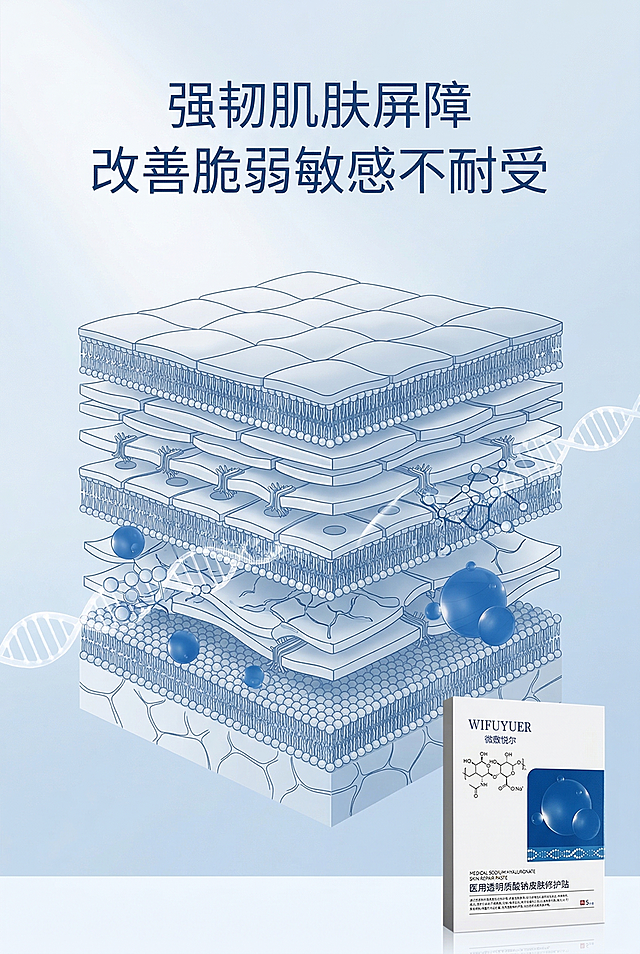严格还原上传产品参考图，精准复刻包装设计、产品配色、LOGO位置及比例、文字内容及字体、图案元素及细节，无任何偏差，色彩无失真。产品与画面中其他物体（道具、手持模型、场景元素等）的比例遵循真实物理空间逻辑，视觉协调，比例还原1:1，杜绝比例失衡、视觉突兀。画面比例为 2:3 竖版，医用科技极简风。主标题“强韧肌肤屏障”位于画面上五分之一居中，副标题“改善脆弱敏感不耐受”在主标题下方居中。画面为皮肤屏障结构示意图，产品小图置于右下角。居中排版，留白占比百分之三十五。蓝白科技色调，柔和柔光。负面提示词：示意图混乱，颜色花哨，模糊不清，细节丢失，产品变形，比例错误，强光，阴影生硬，噪点，多余人物，土气特效，文字过多，排版拥挤，风格割裂