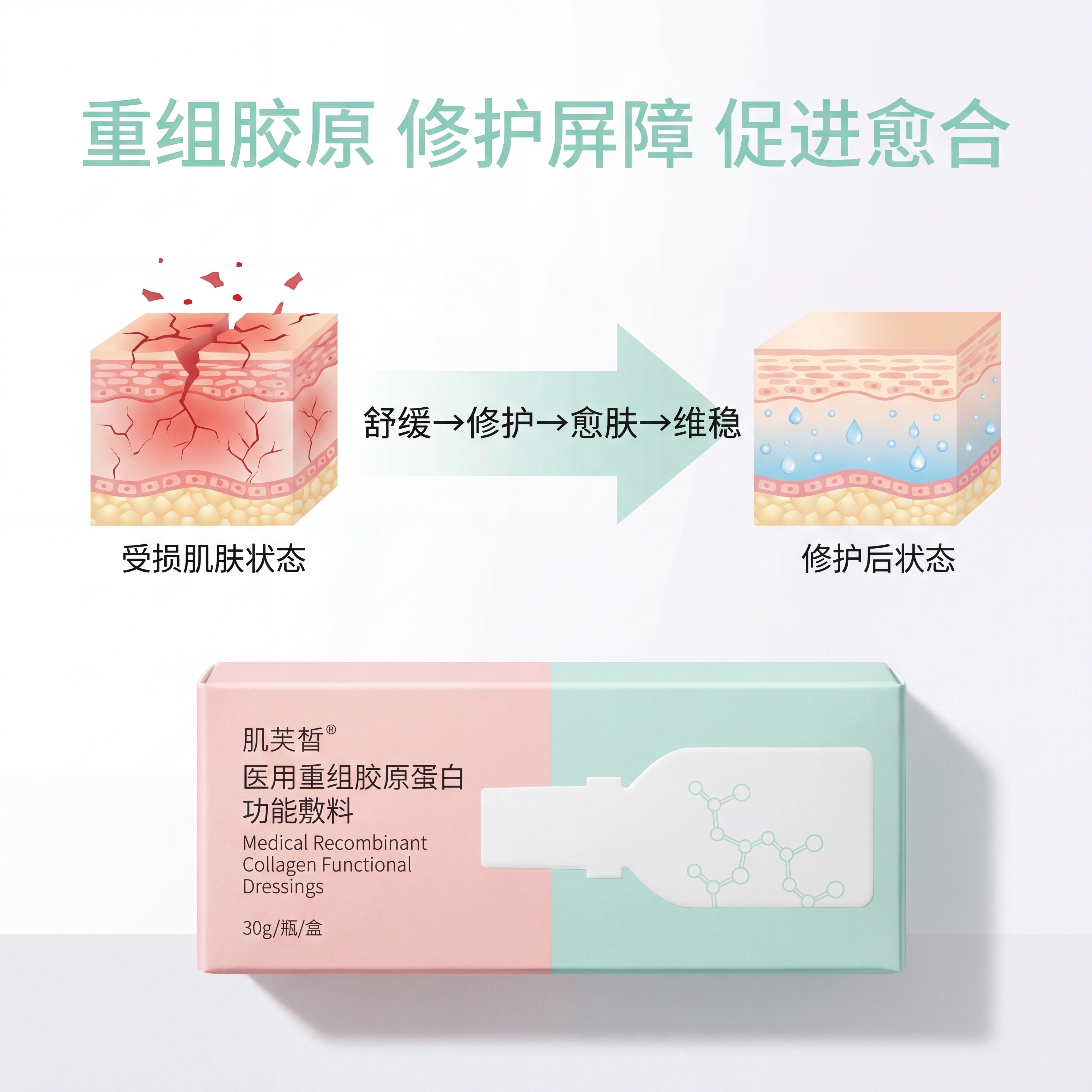 严格还原参考的肌芙皙医用重组胶原蛋白功能敷料产品图，完全保留包… - 图片创意预览